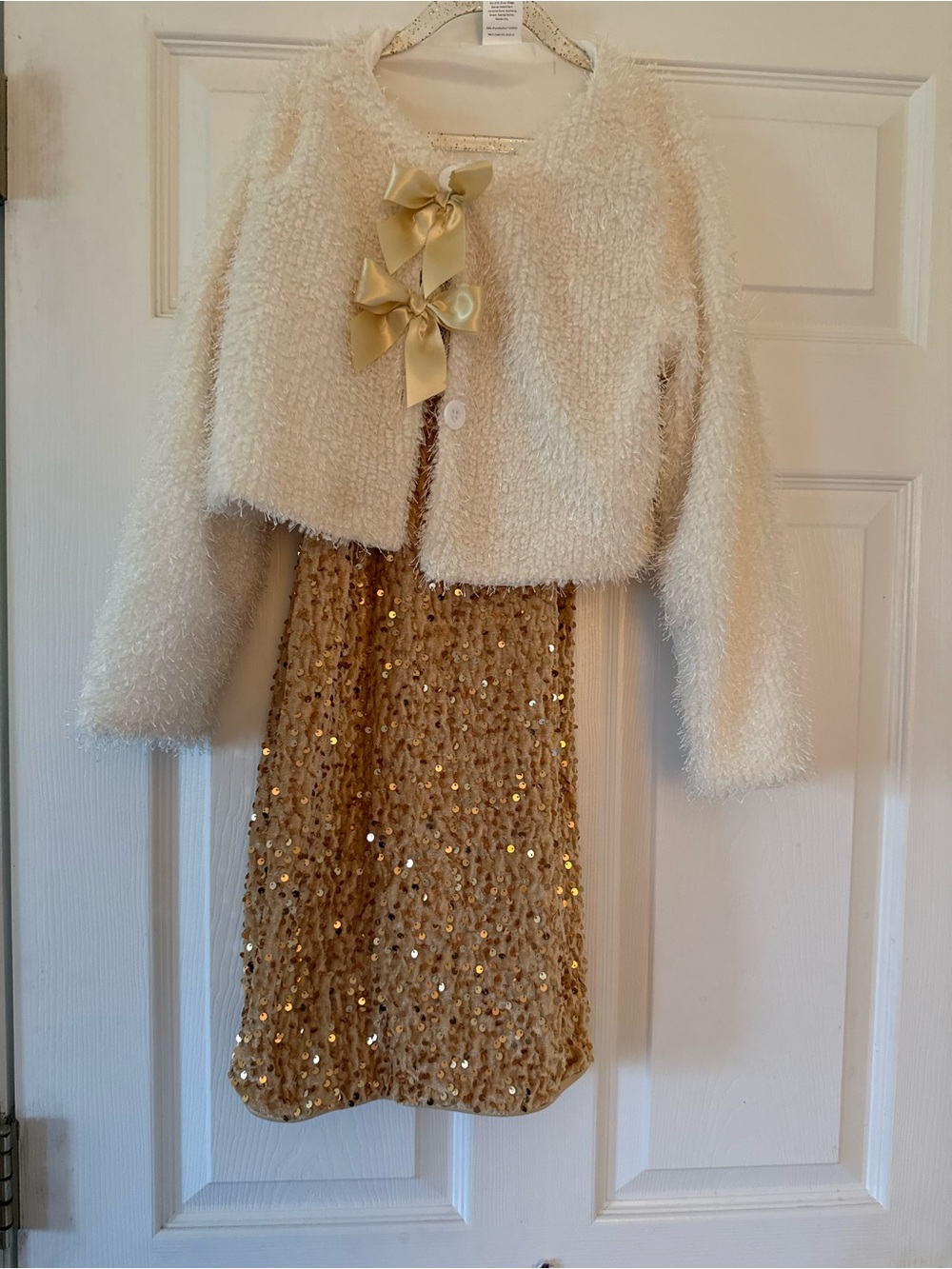 Girls Cream Faux-Fur Jacket with Gold Sequin Dress